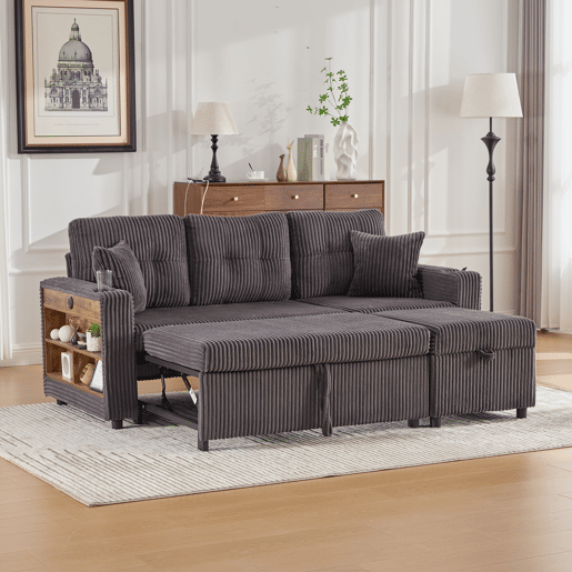 Sofá multifuncional de 3 lugares - Com arrumação, cama extensível, USB-C, iluminação ambiente, porta-copos, braços largos - Cinza escuro Sofá multifuncional de 3 lugares - Com arrumação, cama extensível, USB-C, iluminação ambiente, porta-copos, braços largos - Cinza escuro
