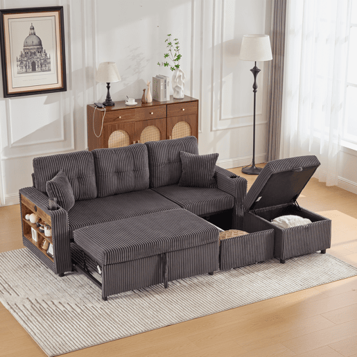 Sofá multifuncional de 3 lugares - Com arrumação, cama extensível, USB-C, iluminação ambiente, porta-copos, braços largos - Cinza escuro Sofá multifuncional de 3 lugares - Com arrumação, cama extensível, USB-C, iluminação ambiente, porta-copos, braços largos - Cinza escuro