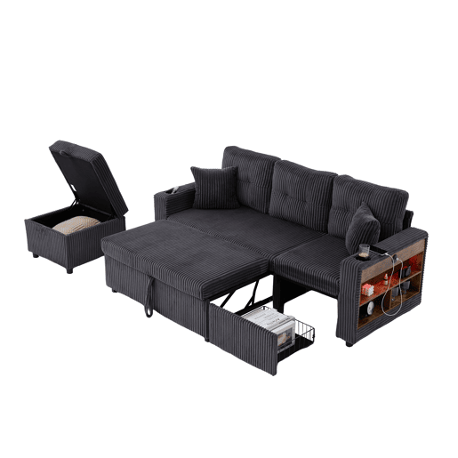 Sofá multifuncional de 3 lugares - Com arrumação, cama extensível, USB-C, iluminação ambiente, porta-copos, braços largos - Cinza escuro Sofá multifuncional de 3 lugares - Com arrumação, cama extensível, USB-C, iluminação ambiente, porta-copos, braços largos - Cinza escuro