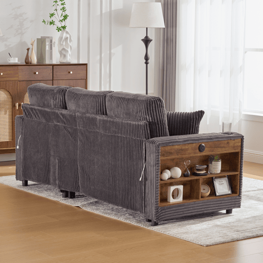 Sofá multifuncional de 3 lugares - Com arrumação, cama extensível, USB-C, iluminação ambiente, porta-copos, braços largos - Cinza escuro Sofá multifuncional de 3 lugares - Com arrumação, cama extensível, USB-C, iluminação ambiente, porta-copos, braços largos - Cinza escuro