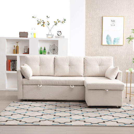 Sofá-cama multifuncional de 3 lugares - sofá modular L, com arrumação e chaise longue - Bege
