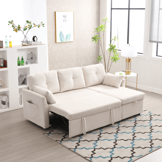 Sofá-cama multifuncional de 3 lugares - sofá modular L, com arrumação e chaise longue - Bege
