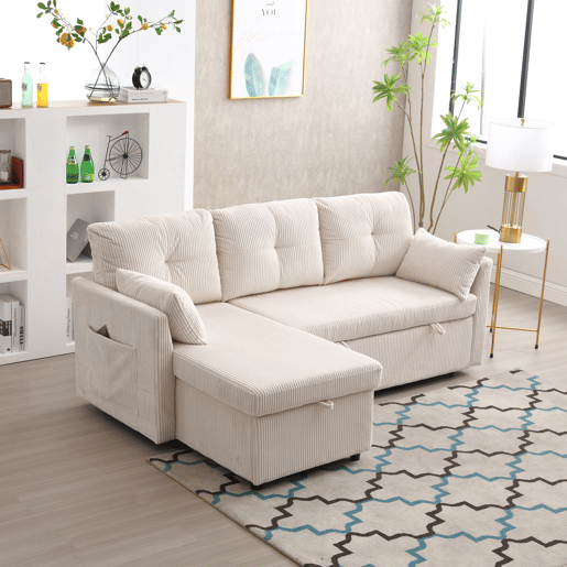 Sofá-cama multifuncional de 3 lugares - sofá modular L, com arrumação e chaise longue - Bege