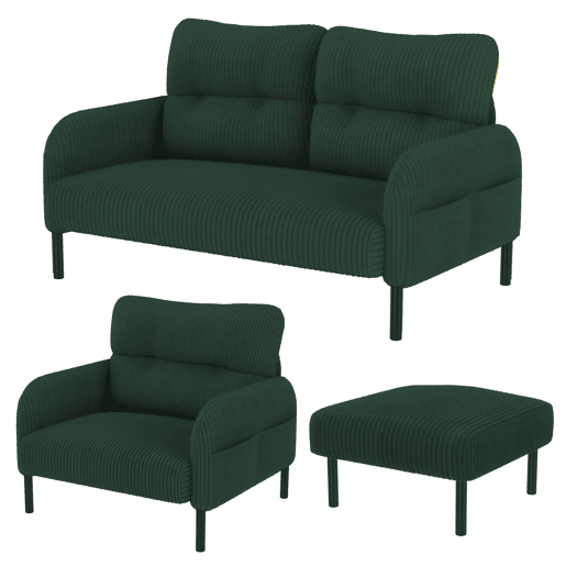 Conjunto de 3 peças Cord - Poltrona + Pufe + Sofá de 2 lugares com bolso lateral, estrutura em aço e encosto extra macio - Verde Esmeralda
