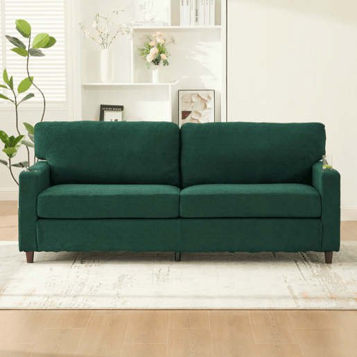 Sofá Chenille 2 lugares - USB-C, LED, porta-copos, bolsos - Esmeralda