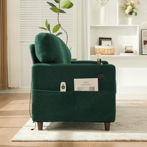 Sofá Chenille 2 lugares - USB-C, LED, porta-copos, bolsos - Esmeralda