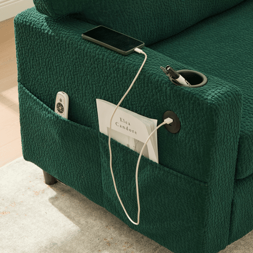 Sofá Chenille 2 lugares - USB-C, LED, porta-copos, bolsos - Esmeralda