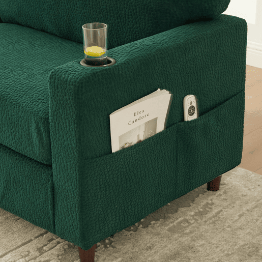 Sofá Chenille 2 lugares - USB-C, LED, porta-copos, bolsos - Esmeralda