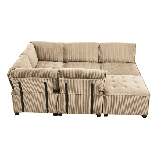 Sofá modular de 6 lugares - Veludo cotelê, ergonómico, com arrumação, convertível, estrutura estável - Cáqui