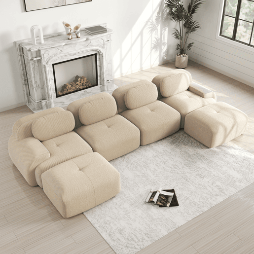 Sofá modular em U - 4 lugares - sem montagem, veludo cotelê respirável, enchimento 32D de alta elasticidade, braços extra largos, ergonómico, adequado para animais de estimação - Bege