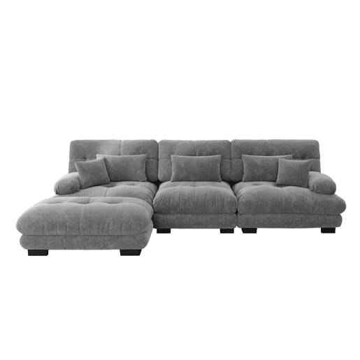Sofá modular l - Sofá profundo com otomano, sofá-cama de chenille, cordão, cinza Sofá modular l - Sofá profundo com otomano, sofá-cama de chenille, cordão, cinza