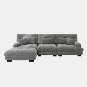 Sofá modular l - Sofá profundo com otomano, sofá-cama de chenille, cordão, cinza