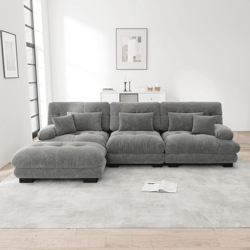 Sofá modular l - Sofá profundo com otomano, sofá-cama de chenille, cordão, cinza Sofá modular l - Sofá profundo com otomano, sofá-cama de chenille, cordão, cinza