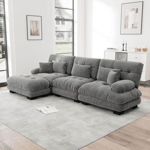 Sofá modular l - Sofá profundo com otomano, sofá-cama de chenille, cordão, cinza Sofá modular l - Sofá profundo com otomano, sofá-cama de chenille, cordão, cinza