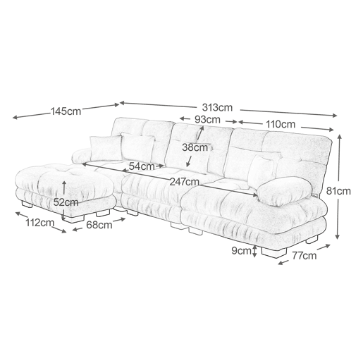 Sofá modular l - Sofá profundo com otomano, sofá-cama de chenille, cordão, cinza Sofá modular l - Sofá profundo com otomano, sofá-cama de chenille, cordão, cinza
