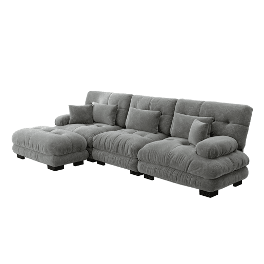 Sofá modular l - Sofá profundo com otomano, sofá-cama de chenille, cordão, cinza Sofá modular l - Sofá profundo com otomano, sofá-cama de chenille, cordão, cinza