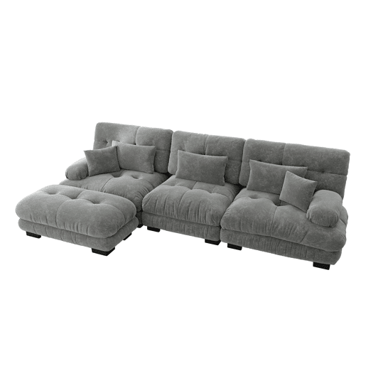 Sofá modular l - Sofá profundo com otomano, sofá-cama de chenille, cordão, cinza Sofá modular l - Sofá profundo com otomano, sofá-cama de chenille, cordão, cinza
