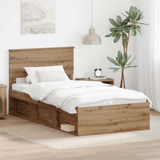 Estrutura de cama de solteiro para adultos com Cabeceira - Carvalho Artesanal 100 x 200 cm