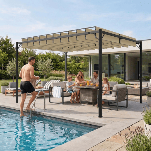 Outsunny Pérgola de Jardim 3x4 m, Gazebo de Jardim com Teto de Lâminas Orientáveis, Estrutura de Metal, Proteção UPF50+, Pavilhão para Exterior, Pátio, Terraço, Branco Creme