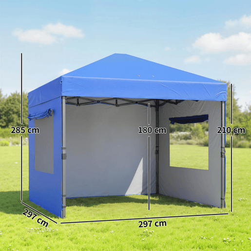 Outsunny Tenda Dobrável 3x3 m Pop-up Tenda de Jardim com 3 Paredes Laterais 2 Janelas em Malha UPF50+ Altura Ajustável 3 Níveis Bolsa de Transporte Sacos de Areia Tenda de Exterior Azul
