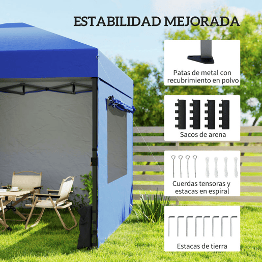 Outsunny Tenda Dobrável 3x3 m Pop-up Tenda de Jardim com 3 Paredes Laterais 2 Janelas em Malha UPF50+ Altura Ajustável 3 Níveis Bolsa de Transporte Sacos de Areia Tenda de Exterior Azul