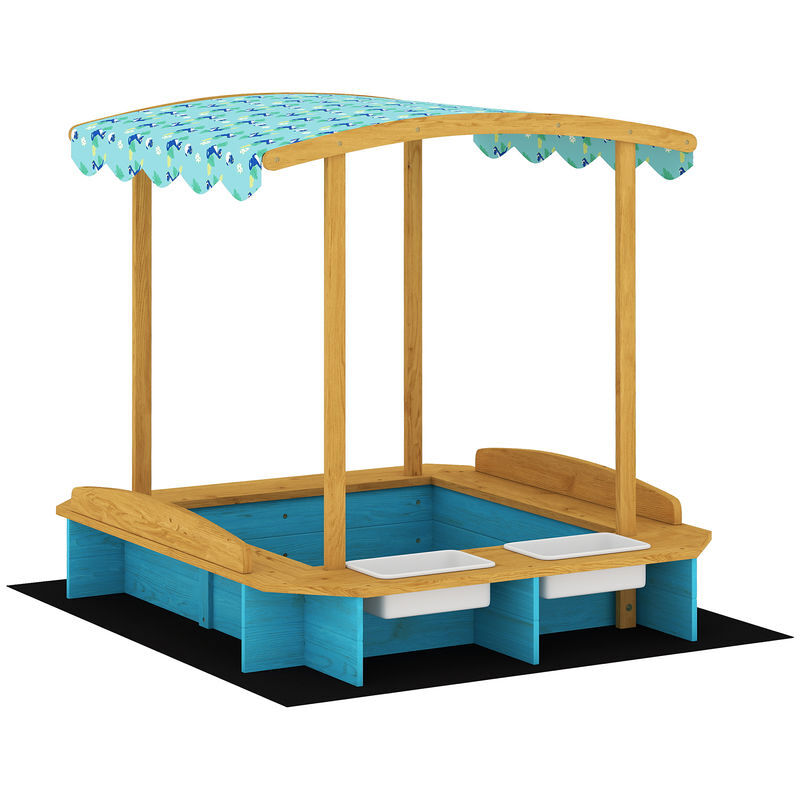 Aiyaplay arenero para niños de madera con techo, arenero infantil con 3 bancos, 2 cajas de pp, forro, caja de arena para niños de 3-6 años, para patio, jardín, balcón, 128x118x121 cm, azul