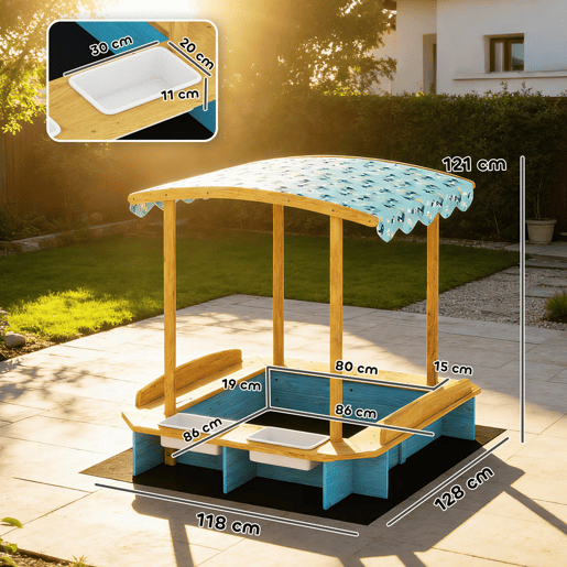 AIYAPLAY Caixa de Areia Infantil de Madeira com Tela Arenero com 3 Bancos 2 Caixas de PP Revestimento Caixa de Areia para Crianças de 3-6 Anos para Jardim Pátio Varanda 128x118x121 cm Azul e Madeira