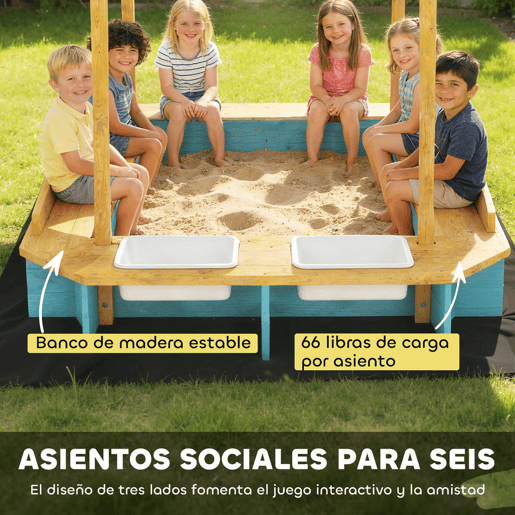 AIYAPLAY Caixa de Areia Infantil de Madeira com Tela Arenero com 3 Bancos 2 Caixas de PP Revestimento Caixa de Areia para Crianças de 3-6 Anos para Jardim Pátio Varanda 128x118x121 cm Azul e Madeira