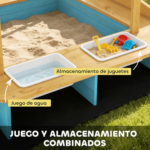 AIYAPLAY Caixa de Areia Infantil de Madeira com Tela Arenero com 3 Bancos 2 Caixas de PP Revestimento Caixa de Areia para Crianças de 3-6 Anos para Jardim Pátio Varanda 128x118x121 cm Azul e Madeira