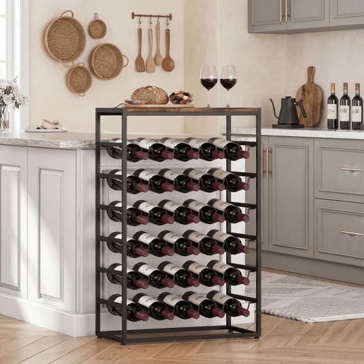 HOMCOM Garrafeira para 30 Garrafas Garrafeira de 6 Níveis com Superfície de Madeira Estilo Industrial para Cozinha Sala de Jantar Bar 59x30x88,5 cm Castanho Rústico