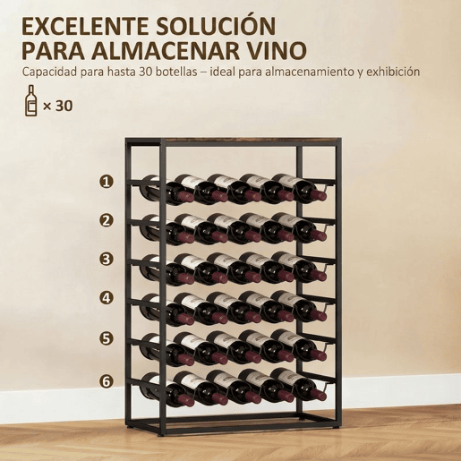 HOMCOM Garrafeira para 30 Garrafas Garrafeira de 6 Níveis com Superfície de Madeira Estilo Industrial para Cozinha Sala de Jantar Bar 59x30x88,5 cm Castanho Rústico
