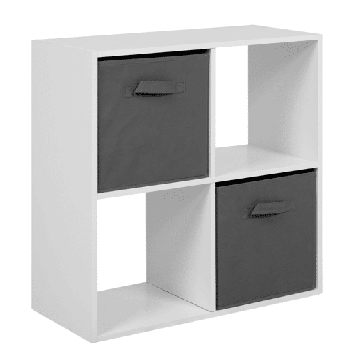 Estante Cubo April 4, Estante Independente com 2 Gavetas, Tecido Branco Fosco e Cinza, 60x60x28 cm