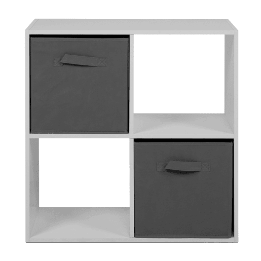 Estante Cubo April 4, Estante Independente com 2 Gavetas, Tecido Branco Fosco e Cinza, 60x60x28 cm