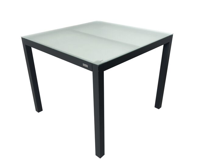 Mesa de jardín BENIDORM cuadrada en aluminio gris antracita y cristal glacé. Med: 90x90x74H P.B.:15,5 kg