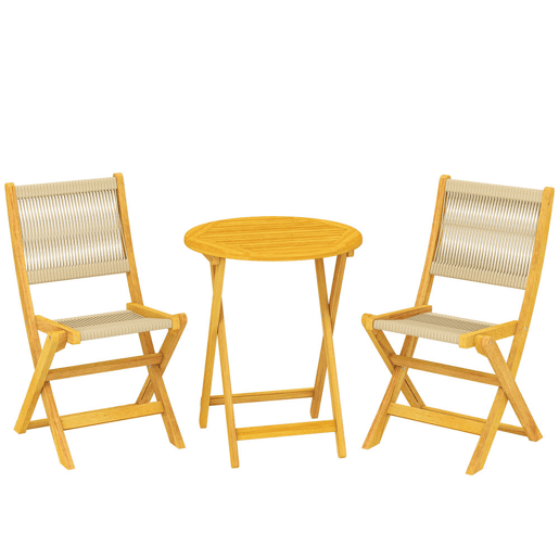 Outsunny Conjunto de Mesa e Cadeiras para Exterior em Madeira, 3 Peças, com 2 Cadeiras Dobráveis, Assento e Encosto em Corda de PP, Mesa Redonda para Jardim, Varanda, Natural