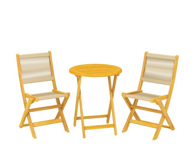 Outsunny conjunto de mesa y sillas de terraza exterior de madera 3 piezas, muebles de jardín exterior con 2 sillas plegables, asiento respaldo de cuerda pp, mesa redonda para patio, balcón, natural
