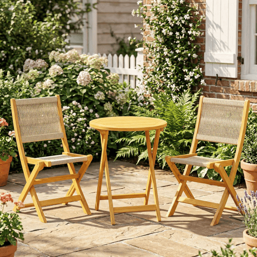Outsunny Conjunto de Mesa e Cadeiras para Exterior em Madeira, 3 Peças, com 2 Cadeiras Dobráveis, Assento e Encosto em Corda de PP, Mesa Redonda para Jardim, Varanda, Natural