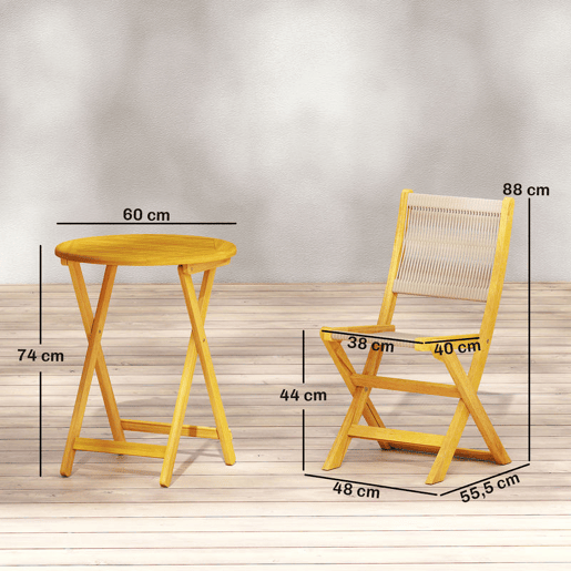 Outsunny Conjunto de Mesa e Cadeiras para Exterior em Madeira, 3 Peças, com 2 Cadeiras Dobráveis, Assento e Encosto em Corda de PP, Mesa Redonda para Jardim, Varanda, Natural