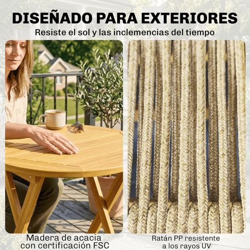 Outsunny Conjunto de Mesa e Cadeiras para Exterior em Madeira, 3 Peças, com 2 Cadeiras Dobráveis, Assento e Encosto em Corda de PP, Mesa Redonda para Jardim, Varanda, Natural