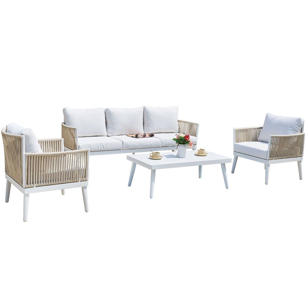 Conjunto calpe 4 piezas en aluminio blanco con respaldo y asiento en tejido blanco. con cuerdas