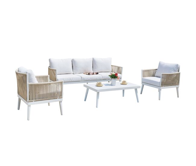 Conjunto calpe 4 piezas en aluminio blanco con respaldo y asiento en tejido blanco. con cuerdas