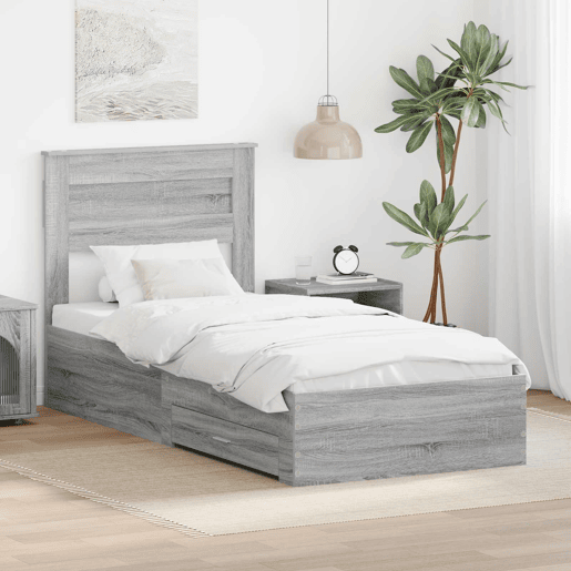 Estrutura de cama de solteiro para adultos com gaveta Cinza Sonoma e Prata 75 x 190 cm