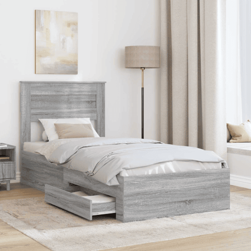 Estrutura de cama de solteiro para adultos com gaveta Cinza Sonoma e Prata 75 x 190 cm