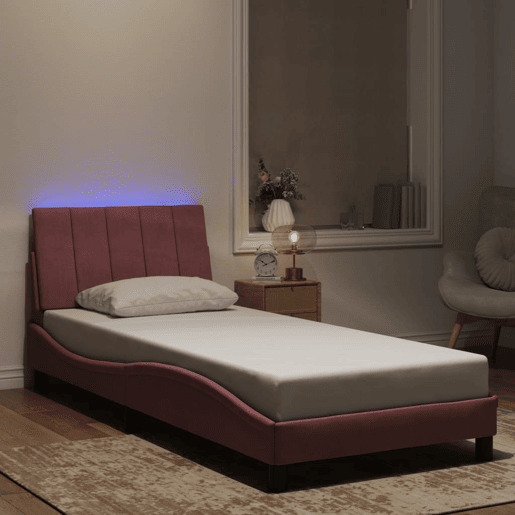 Estrutura de cama de solteiro para adultos com LED 80x200 cm veludo rosa