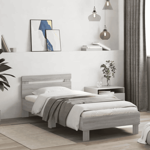 Estrutura de cama de solteiro moderno c cabeceiraluzes LED 90x200 cm cinza sonoma Estrutura de cama de solteiro moderno c cabeceiraluzes LED 90x200 cm cinza sonoma