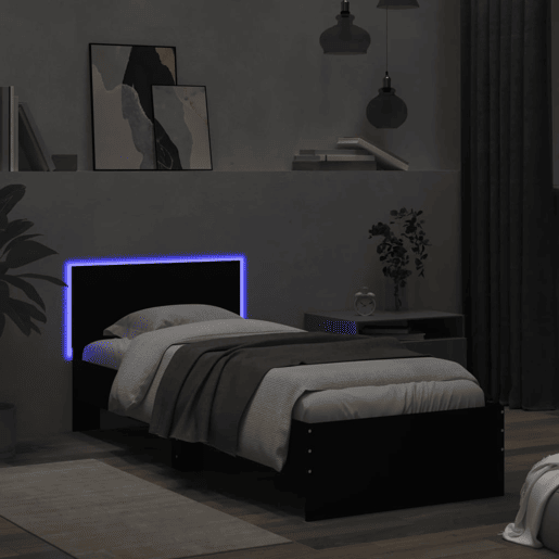 Estrutura de cama de solteiro para adultos com cabeceira e luzes LED 75x190 cm preto