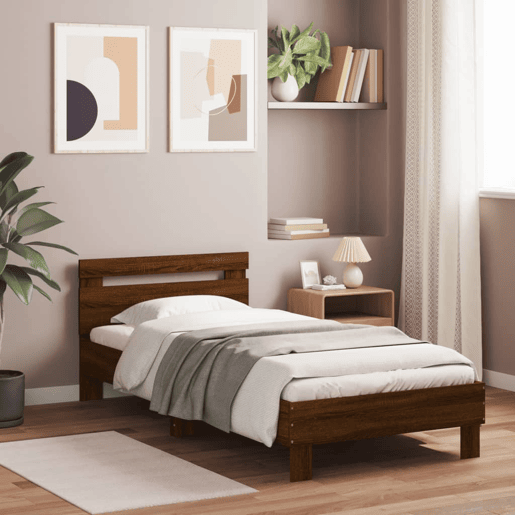 Estrutura de cama de solteiro moderno cabeceiraluzes LED 90x200 cm carvalho castanho