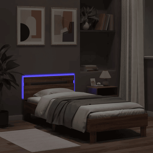 Estrutura de cama de solteiro moderno cabeceiraluzes LED 90x200 cm carvalho castanho