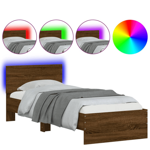 Estrutura de cama de solteiro moderno cabeceiraluzes LED 75x190 cm carvalho castanho