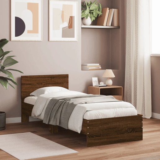 Estrutura de cama de solteiro moderno cabeceiraluzes LED 75x190 cm carvalho castanho